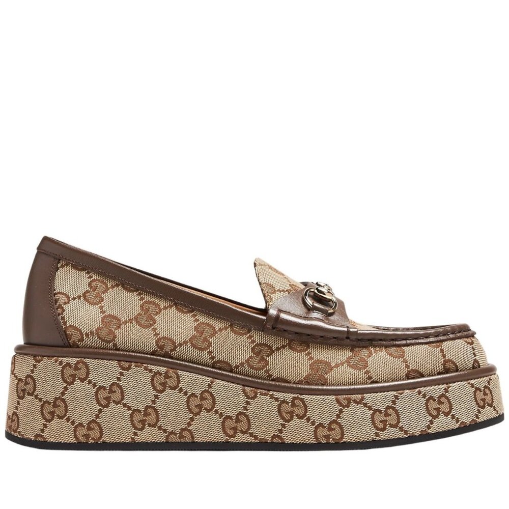 Gucci Horsebit Wedge Loafers Beige/Ebony GG Canvas Gold Hardware IT 39.5